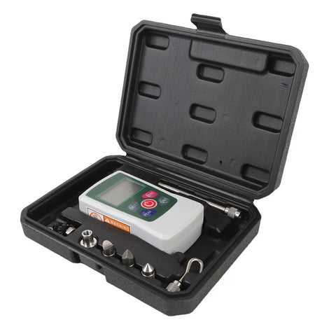Digital Force Meter 100N Push Pull Tester With Backlit Display Auto Shutdown Upper And Lower Limit Settings 0.1N Resolution 1 Percent Accuracy Ideal For Workshop Lab And Repair Bench Force Testing in carry case with test heads