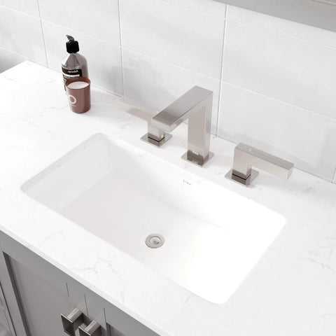 Top Shelf 96 Inch Gray Double Sink Bathroom Vanity With Durable Carrara Quartz Top And Undermount Porcelain Sinks Plus Flawless Brushed Nickel Hardware For Rapid Home Renovations showing undermount sink and brushed nickel faucet.