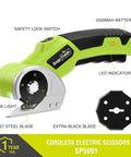 SnapFresh Cordless Electric Scissors With Rechargeable Battery And Self-Sharpening Blades For Cutting Cardboard Fabric Leather Carpet, featuring LED light and safety lock.