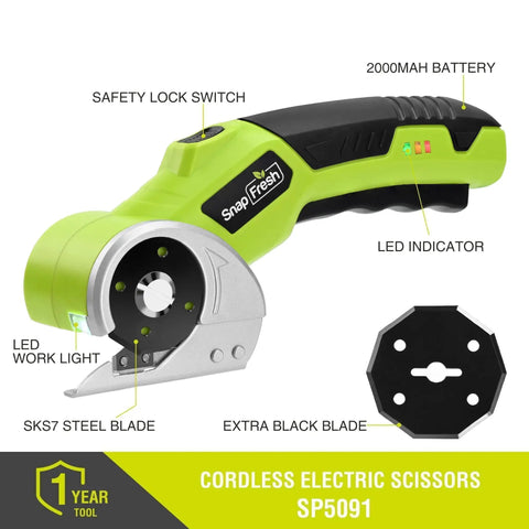 SnapFresh Cordless Electric Scissors With Rechargeable Battery And Self-Sharpening Blades For Cutting Cardboard Fabric Leather Carpet, featuring LED light and safety lock.