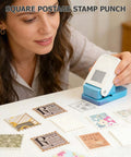 Woman using Rectangular Stamp Puncher Kit 0.8 Inch with lever action, surrounded by colorful paper stamps on a table.