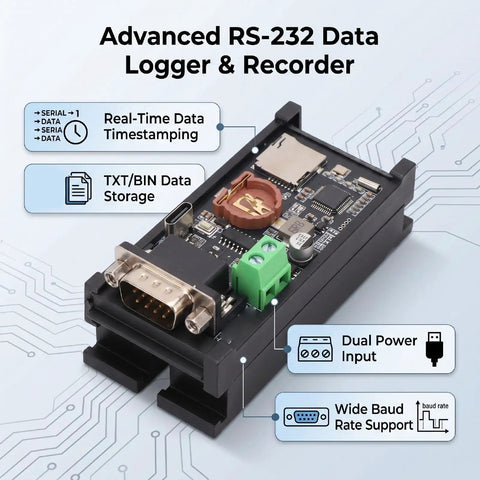Straight Fire RS232 Serial Port Recorder For Capturing Critical Data Logs Directly To Memory Card With Spot On Timestamps, showcasing data logger design and features.
