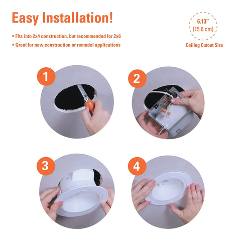 Step-by-step installation of 6 Inch Adjustable Canless LED Recessed Light For Sloped Ceilings, Dimmable With 2700K–5000K color.
