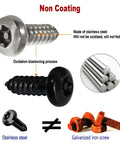 Image showing stainless and black-coated screws from Black Anti Theft License Plate Screws Kit With Stainless Steel 1/4 Inch Security Mounting Hardware Includes Caps Inserts Rattle Proof Pads For Car Tags And Frame Mounting Easy Bolt On Tamper Proof Design.