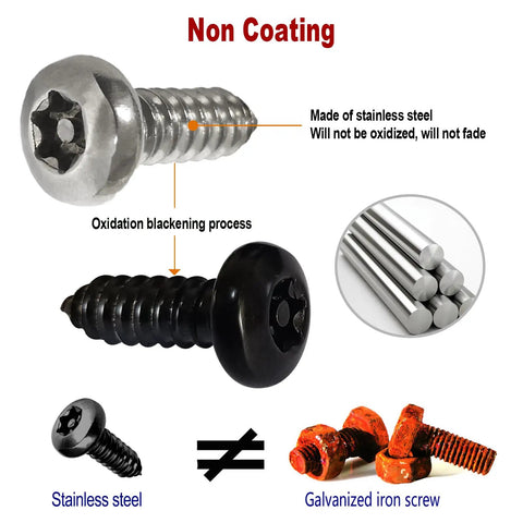 Image showing stainless and black-coated screws from Black Anti Theft License Plate Screws Kit With Stainless Steel 1/4 Inch Security Mounting Hardware Includes Caps Inserts Rattle Proof Pads For Car Tags And Frame Mounting Easy Bolt On Tamper Proof Design.