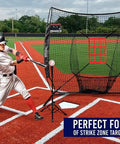 Player batting with Pro Grade Baseball Practice Net Set For Batting And Pitching Portable Batting Cage, 7x7 inch size on field.
