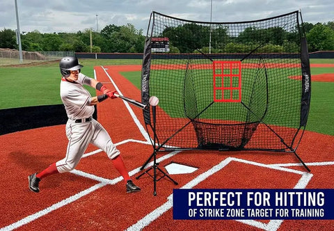 Player batting with Pro Grade Baseball Practice Net Set For Batting And Pitching Portable Batting Cage, 7x7 inch size on field.
