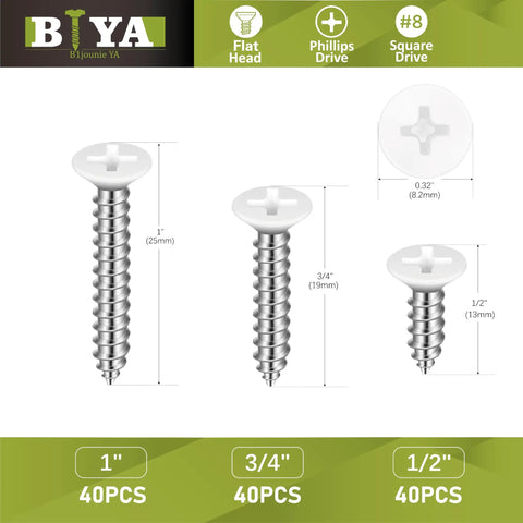 Self Tapping Wood Screws Set 120 Pieces No 8 White Flat Head Assortment with sizes 1, 3/4, 1/2 inch shown.