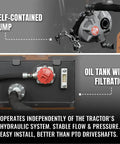 Close-up of self-contained pump and oil tank with filtration for 9 Ft Tractor Backhoe Attachment With Mechanical Thumb, 15 Inch Bucket.