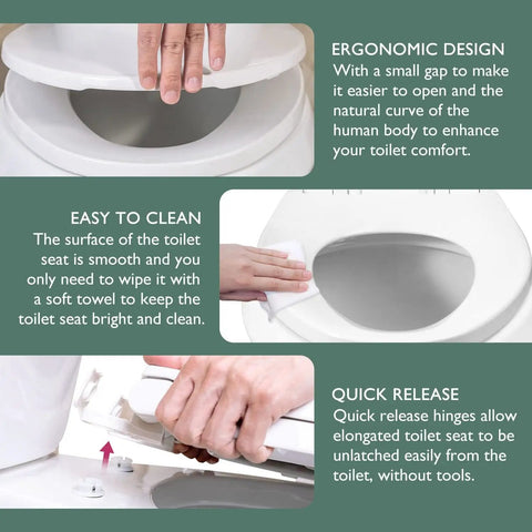 Elongated Toilet Seat With Slow Close Hinges And Four Non-Slip Bumpers, Easy To Install And Clean, Durable White Plastic