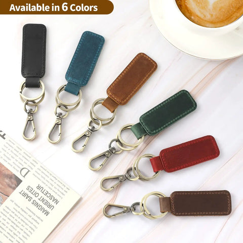 Dope Genuine Leather Keychain For Cars And Everyday Keys in six colors, featuring a heavy-duty carabiner clip and key rings.