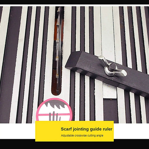 Close-up of scarf jointing guide ruler on Compact Desktop Table Saw With Diamond And Manganese Blades For Slick Wood Or Metal Cuts.