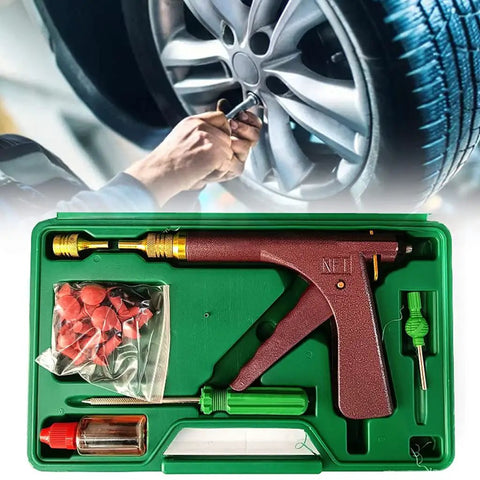 Person using a tool from All In One Tire Repair Kit With Sturdy Tools For Cars Trucks RVs And ATVs Portable Puncture Repair Tool Set