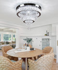 Dimmable 15.7 Inch Crystal Ceiling Light With Remote, Two Ring LED Flush Mount Chandelier in dining room setting.