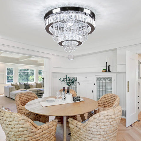 Dimmable 15.7 Inch Crystal Ceiling Light With Remote, Two Ring LED Flush Mount Chandelier in dining room setting.