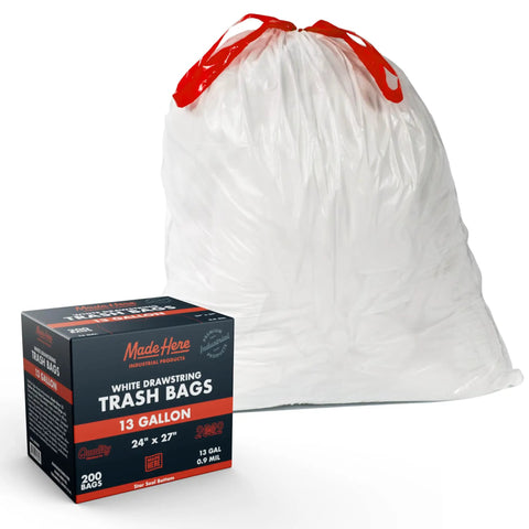 13 Gallon Heavy Duty Trash Bags With Drawstring For Office And Janitorial Use, Leak Resistant White Waste Can Liners Puncture Resistant Workhorse For Facilities, 200 Count with box and filled bag