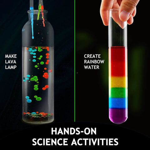 Hands-on science activities with lava lamp and rainbow water from Over 100 Hands On Science Experiments Kit For Kids With Chemistry And Physics Fun STEM Toys For Boys And Girls The Cool Gift Idea For Christmas Or Birthday Great For Curious Minds And DIY Makers.