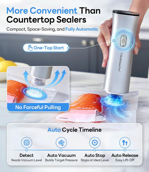 Using Cordless Handheld Vacuum Sealer For Food 75kPa 2000mAh Battery Meal Prep Ready on salmon in kitchen