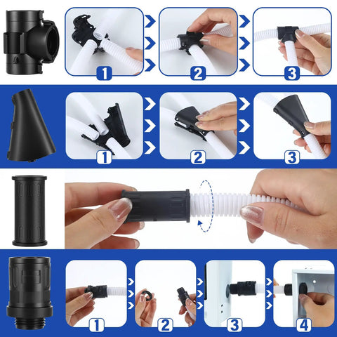 8 Piece One Half Inch Wire Loom Connector Set for Auto and Home Harnesses with assembly instructions