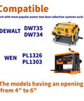 30 Micron Dust Collector Bag With Clamp For 4 Inch Universal Vacuum System Perfect For Table Saw Planer And Woodworking Tools A True Pro Grade All Around Workhorse That Fits Most Dust Collectors Including Dewalt Grizzly Delta Shop Fox Rockler Jet compatibility chart with Dewalt DW735, DW734, and WEN PL1326, PL1303.
