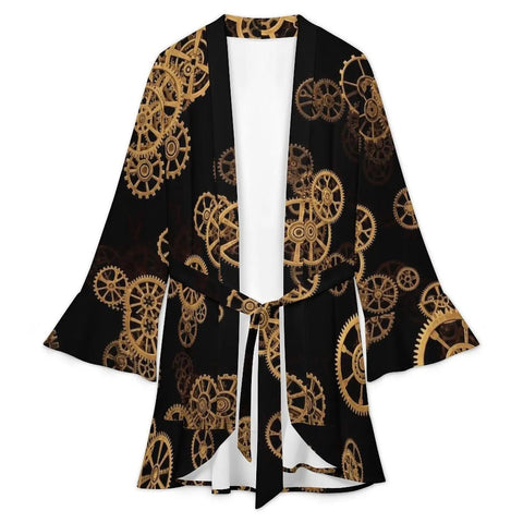 Cozy Women Long Sleeve Retro Industrial Gear Kimono Robe With Super Soft Polyester And Spandex Blend, detailed gear design.