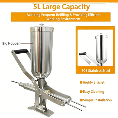 Pro Grade Donut Filler Machine 5L Manual Injector with 4 Anti Drip Pipes, stainless steel construction highlighted