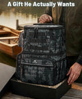 Fishing Backpack With 4 Tackle Boxes, Rod Holder, Insulated Cooler Compartment, gear bag for anglers in black camo design
