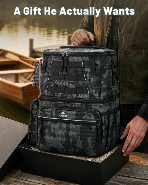 Fishing Backpack With 4 Tackle Boxes, Rod Holder, Insulated Cooler Compartment, gear bag for anglers in black camo design