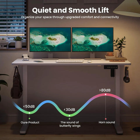 Electric Standing Desk With Memory Height Adjustment And Smooth Lift, dual monitors, white, steel frame, nighttime view