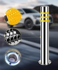 Rock Solid 32 Inch Stainless Steel Security Bollard 2 Pack With High Visibility Reflective Tape And Full Anchor Bolt Kit, showing the reflective tape and base.