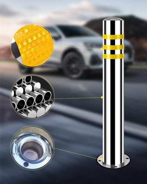 Rock Solid 32 Inch Stainless Steel Security Bollard 2 Pack With High Visibility Reflective Tape And Full Anchor Bolt Kit, showing the reflective tape and base.