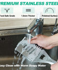 Front view of HAUSHOF stainless steel grill spatula being washed in a kitchen sink