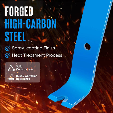 Three Piece Mini Flat Pry Bar Set made of high-carbon steel with spray-coating finish, highlighting rust resistance features.