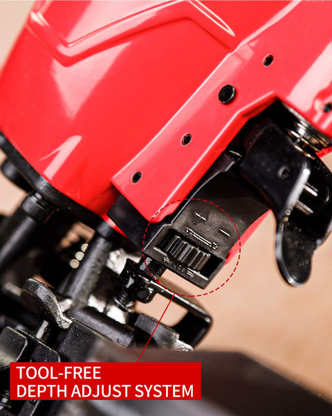 Close-up of 15 Degree Roofing Nailer Coil Kit With 120 Nail Magazine And 240 Nails showcasing tool-free depth adjust system.