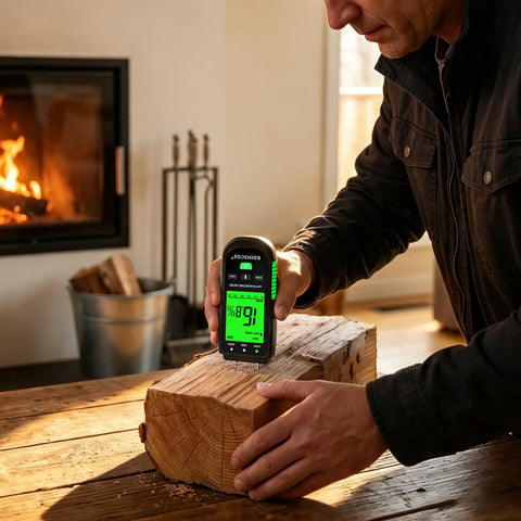 Pin Type Wood Moisture Meter With Hold Function 12mm Probes Big Backlit LCD Screen And Three Color LED Bar Graph For Easy Accurate Wood Moisture Readouts Ideal For DIY Carpentry And Home Renovation Projects. Measuring a wood log by fireplace