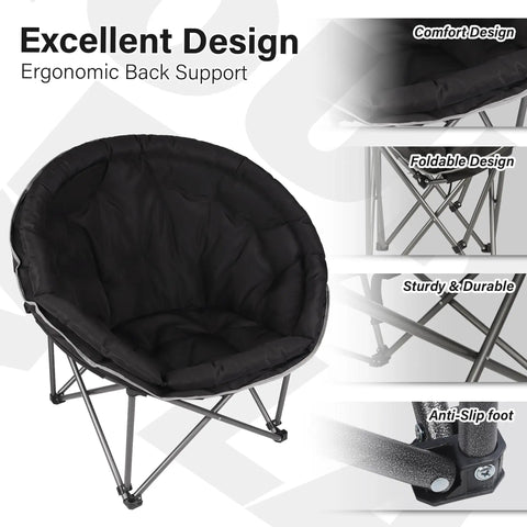 XXL Folding Round Camping Chair With Super Cushioned Padded Seat For All Day Comfort Heavy Duty Frame Supports Up To 400 Lbs Ideal For Indoor Use Family Camping Picnics Garden Or Backyard Lounging in ergonomic design with foldable feature and anti-slip foot.