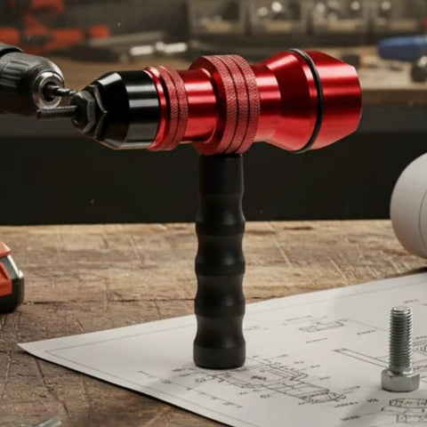 Electric Rivet Nut Adapter Kit for Quick Rivet Nut Installation with detachable handle on a workbench.