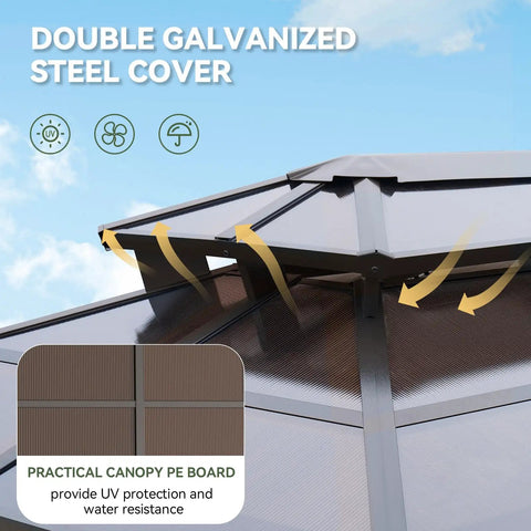 Close-up of 8x5 Ft Aluminum Grill Gazebo With Double Polycarbonate Top And Shelves Outdoor BBQ Canopy showing double roof design.