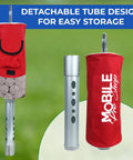 Portable Golf Ball Retriever Shag Bag Kit with detachable aluminum tube and handle, holds up to 80 balls, black and red, shown in detail.