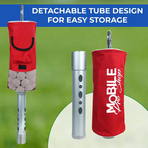 Portable Golf Ball Retriever Shag Bag Kit with detachable aluminum tube and handle, holds up to 80 balls, black and red, shown in detail.