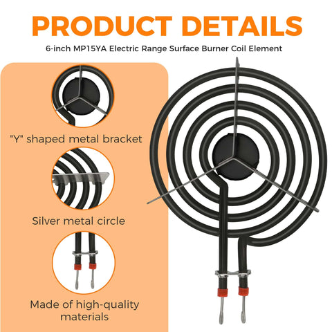 Front view of 6 Inch MP15YA Electric Range Burner Coil Element 1500W Four Turn Replacement 660532 with Y-bracket for cooktops.
