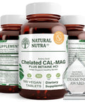 Chelated Calcium Magnesium 1000 to 500 Mg with Betaine HCl Supplement for Rock Solid Bones, 100 Vegan Tablets, bottle and award