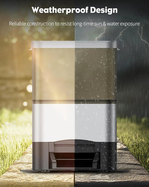 No Sweat Automatic Fish Feeder For Koi Ponds featuring weatherproof design, showcasing reliable construction against sun and rain.