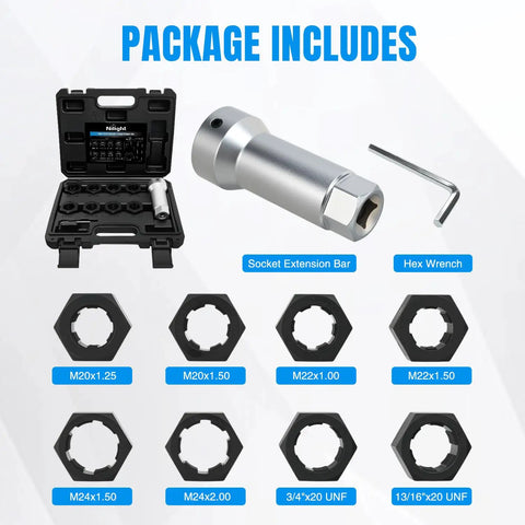 10 Piece Wheel Stud Thread Repair Kit With Case For Replacing Stripped Threads On Axle Spindle Chaser Dies Set Includes 8 Metric UNF Dies 1-1/16 Inch Extension Bar M20 M22 M24 Dies 13/16 Inch And 3/4 Inch UNEF Nuts Automotive Tools For Mechanics package contents shown.