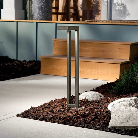 12V Two Arm Path Light In Textured Black With Diffused Lens For Outdoor Walkways And Landscapes, LED fixture installed by steps