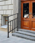 Rock Solid Heavy Duty Black Metal Stair Railing With Integrated Safety Fence For Three Step Outdoor Porch and indoor hallway rail with safety fence.