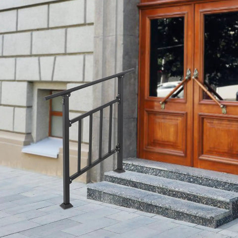 Rock Solid Heavy Duty Black Metal Stair Railing With Integrated Safety Fence For Three Step Outdoor Porch and indoor hallway rail with safety fence.