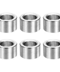 Six Pack M10 Stainless Steel Spacers, Three Eighths Inch Inside Diameter, Five Eighths Inch Outside Diameter, Three Eighths Inch Long, Unthreaded Round Standoff Bushings, Plain Finish, For Screws And Bolts, Silver, six spacers shown