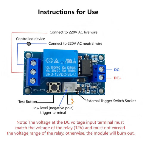 2 Pack 12V Single Bistable Self Locking Relay Module With Start Stop Button Kit For DIY Home And Industrial Projects Includes 2 Relays 300mm Wires And Screwdriver Compact 50x25.5x19mm Ready To Drop In And Control Your Devices., 12V relay module wiring diagram with start button, 220V AC load, and low-level trigger terminal