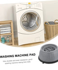 8 Pack Anti Skid Heightening Pads For Washing Machines And Fridges shown under a washing machine next to laundry basket.
